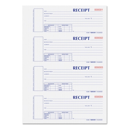 Rediform Hardcover Numbered Money Receipt Book, Two-Part Carbonless, 6.88 x 2.75, 4/Page, 300 Forms S1654NCR